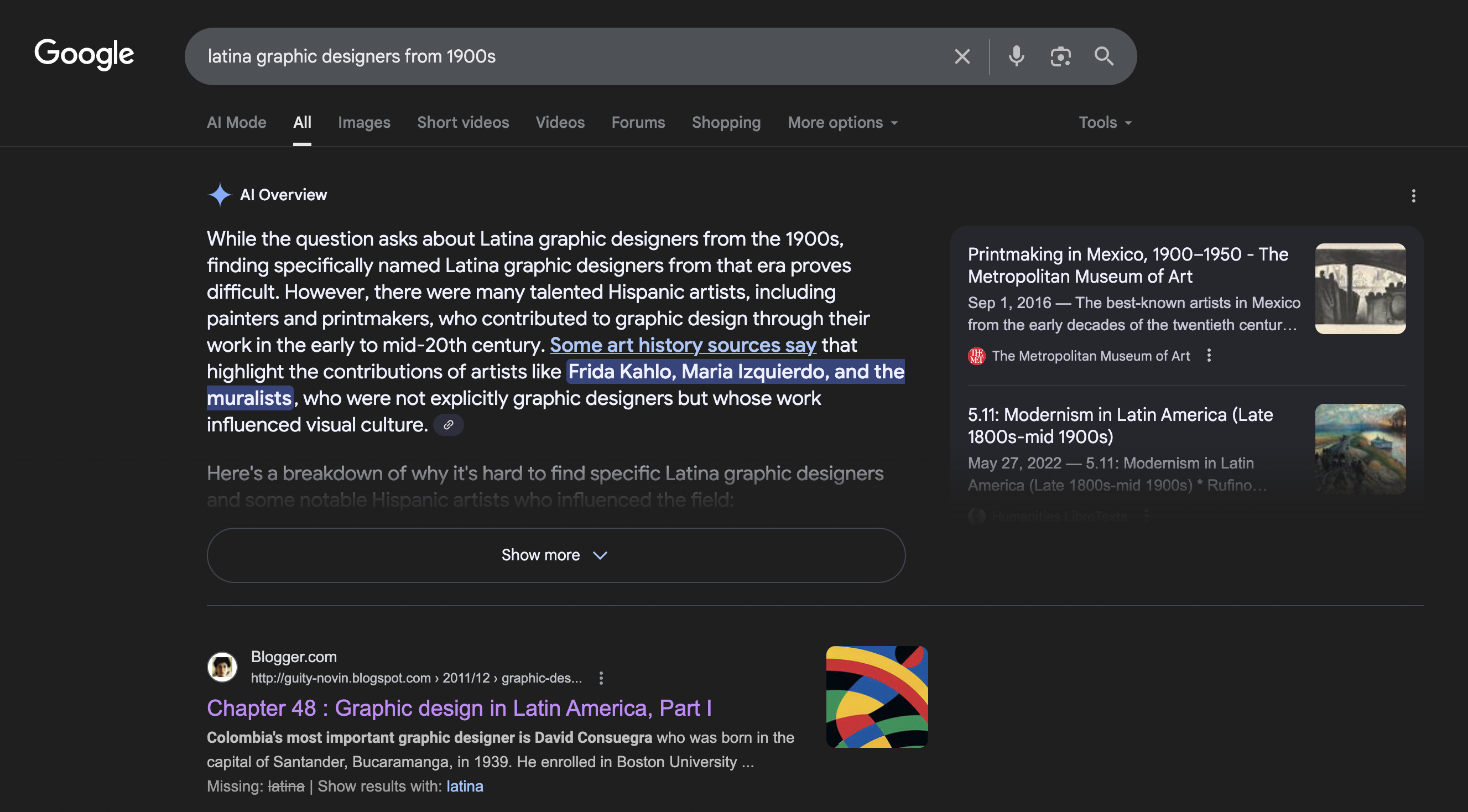 google search of latina designers in the 1900s